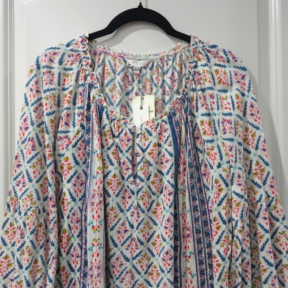 LUCKY BRAND Boho Floral Peasant Blouse with Border Print – Relaxed Fit, Nwt, L - Picture 3 of 16
